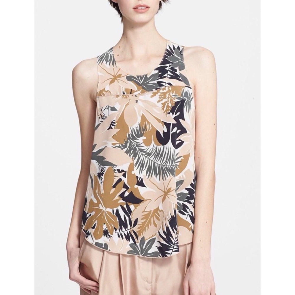Rag & Bone New York 100% Silk Tropical Floral Tank Top Blouse Tan Olive Small